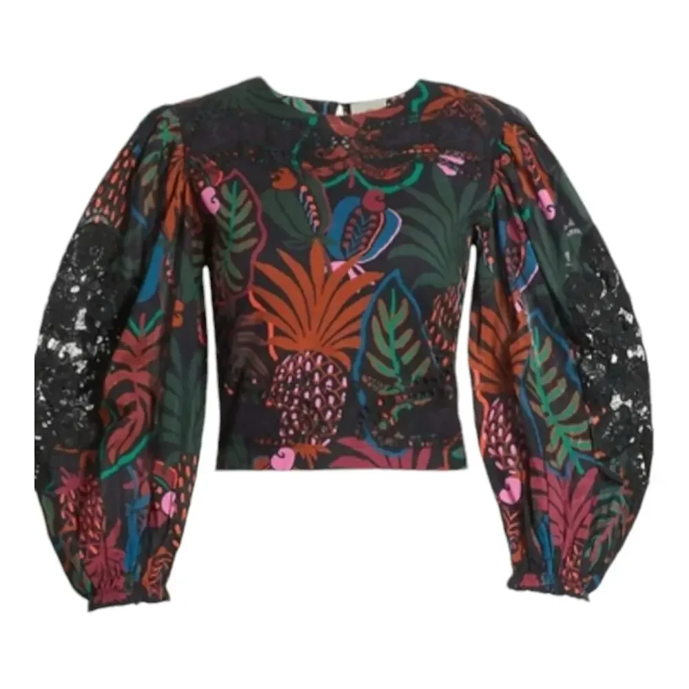 FARM Rio FrutisDream Puff Sleeve SubtleFruit Print NWT Sz S BOHO Art to Wear Y2K